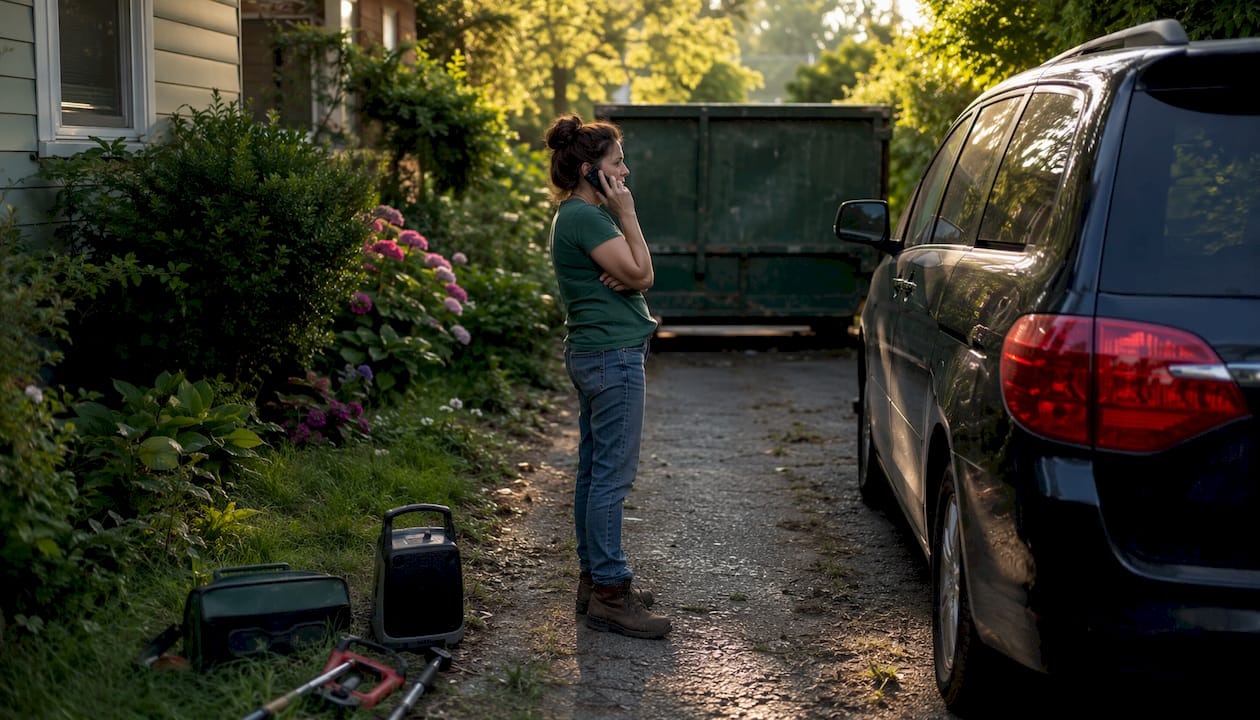 Contractor on phone by obstructed dumpster access