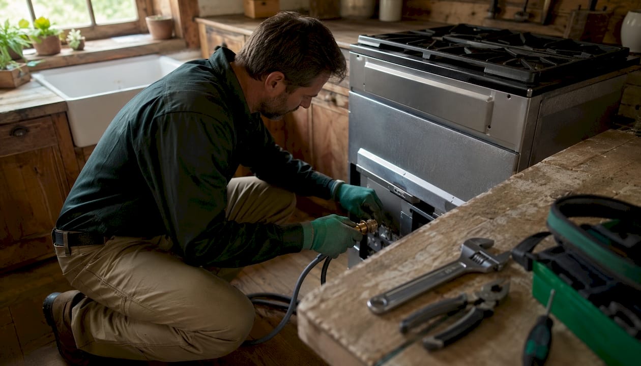 Technician disconnecting stove gas line safely