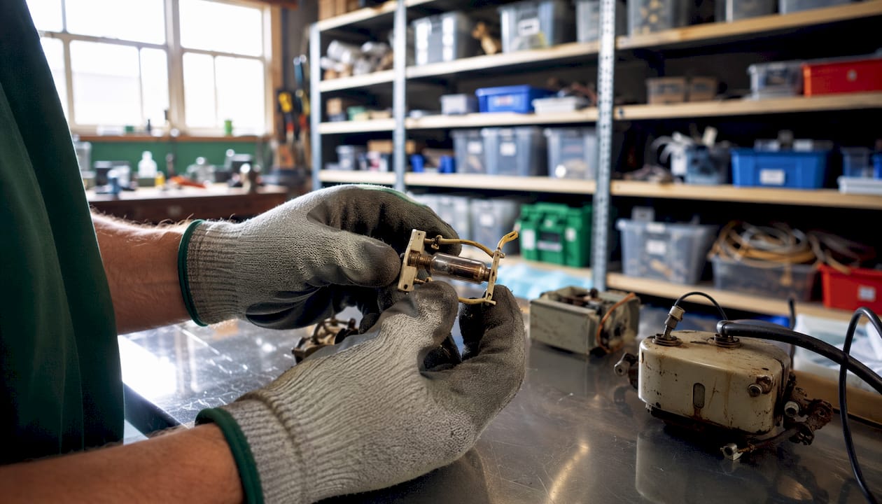 Hands inspecting mercury switch from appliance