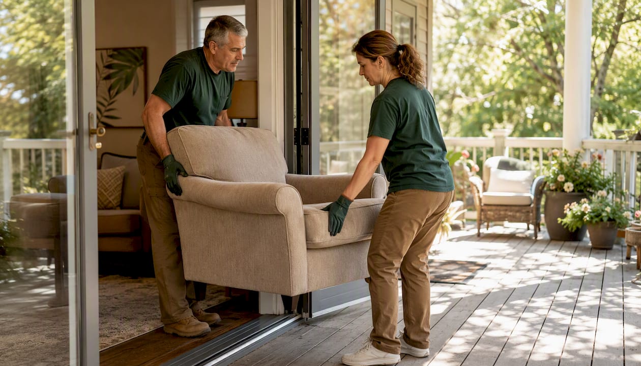 Gentle junk removal crew carefully moving furniture