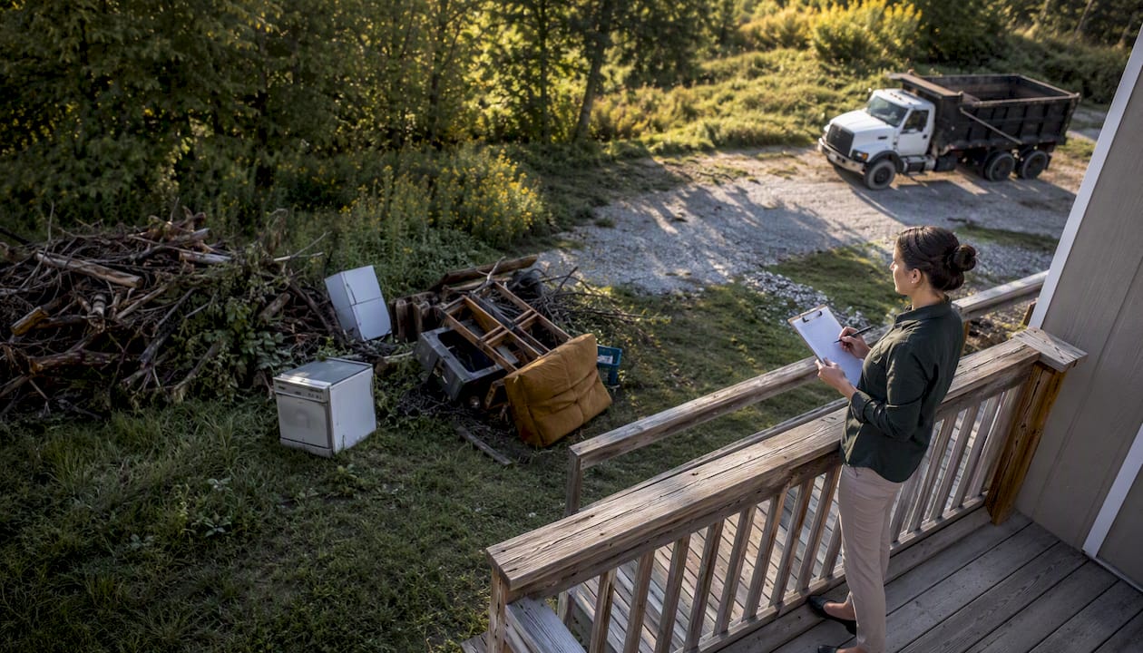 Property manager inspecting yard debris