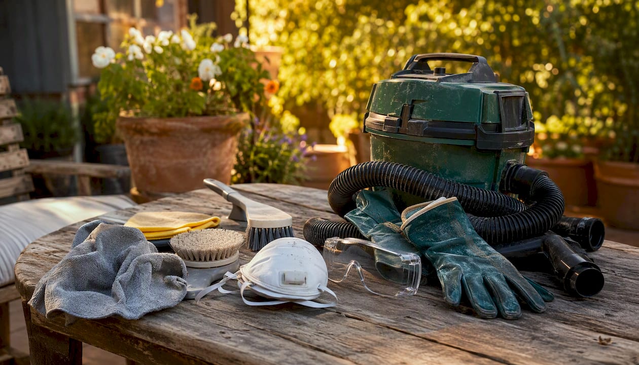 Cleaning tools and PPE arranged on table