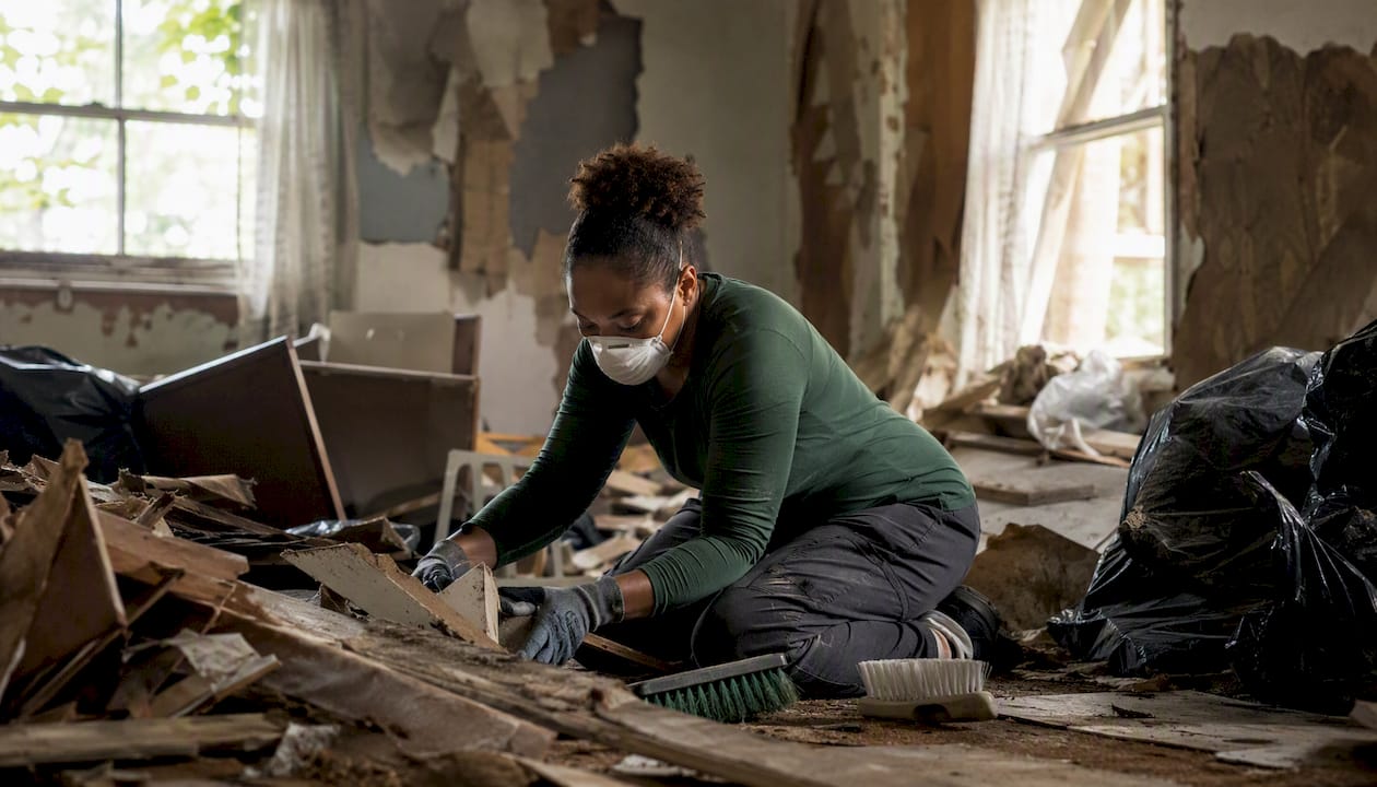 Woman cleaning debris inside abandoned house kitchen