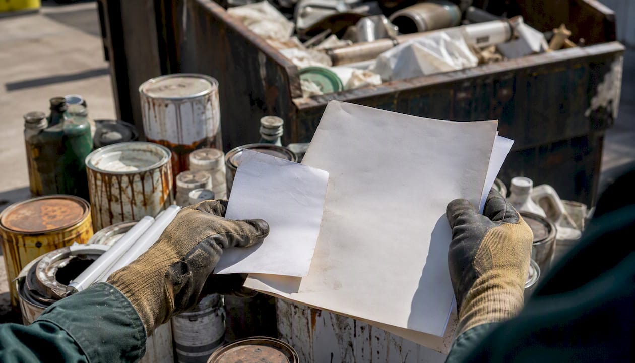 Hands holding disposal manifest and receipts over hazardous waste
