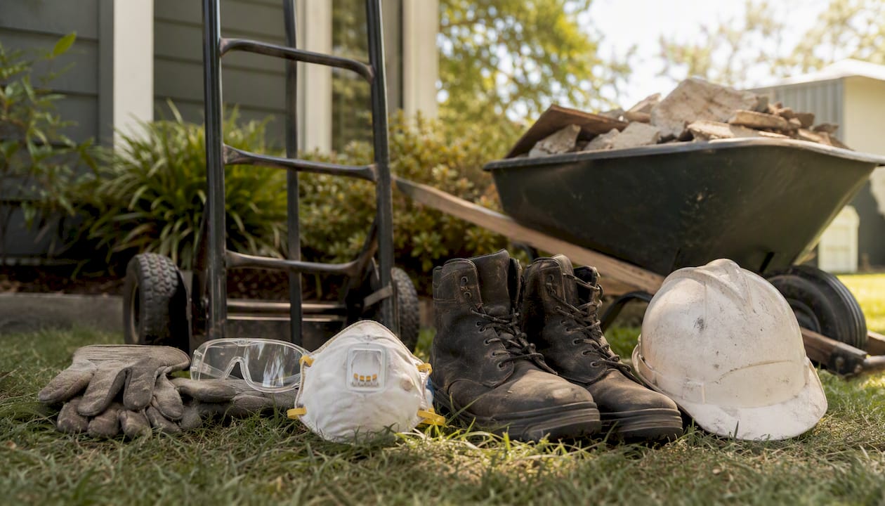Safety gear and cleanup tools on ground