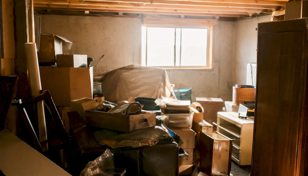 Crowded basement with accumulated debris