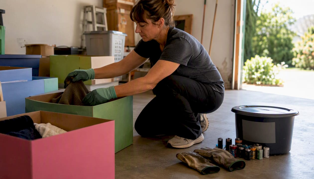 Crew sorting donation items and marking hazardous materials