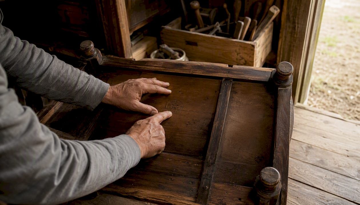 Hands revealing hallmark on antique furniture underside