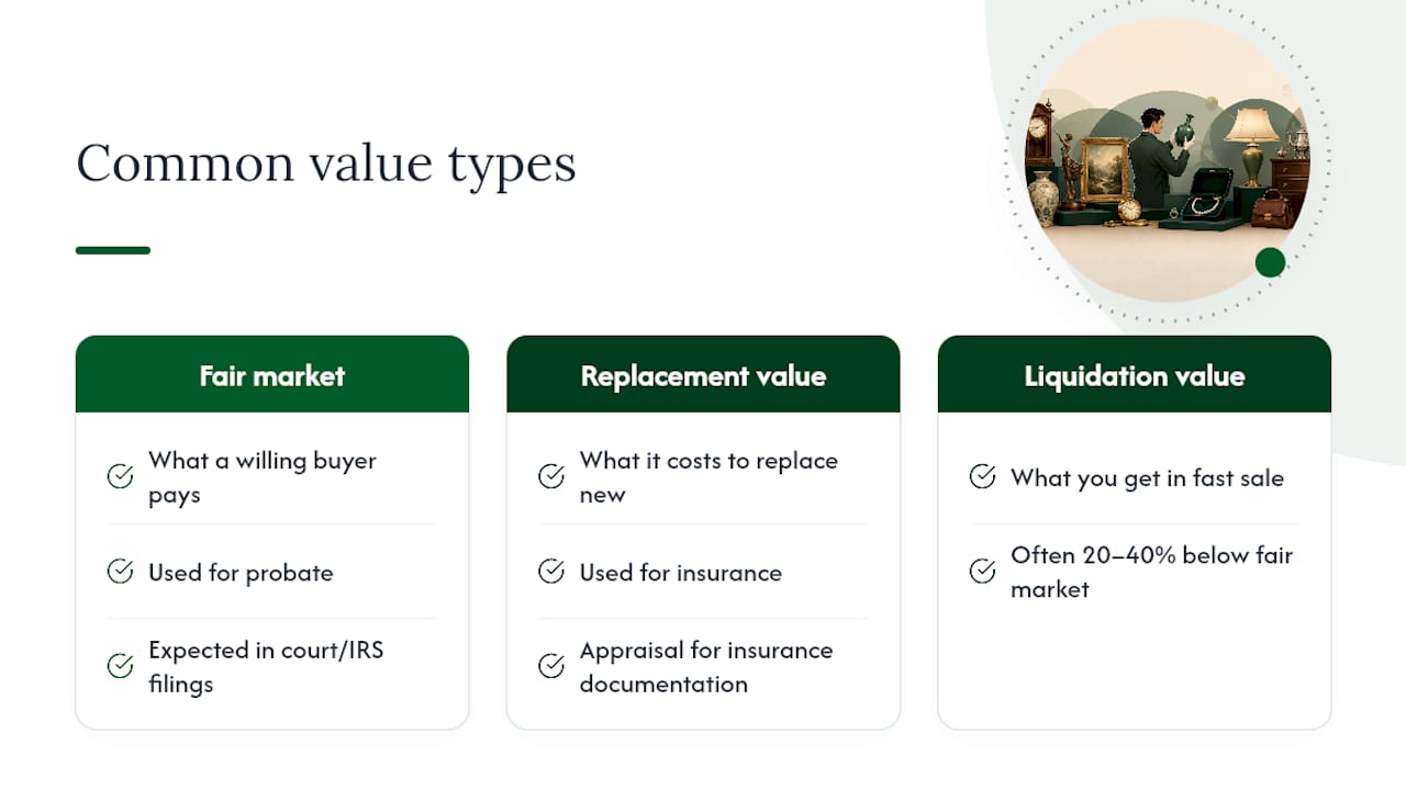 How do you research and appraise estate items? — overview diagram