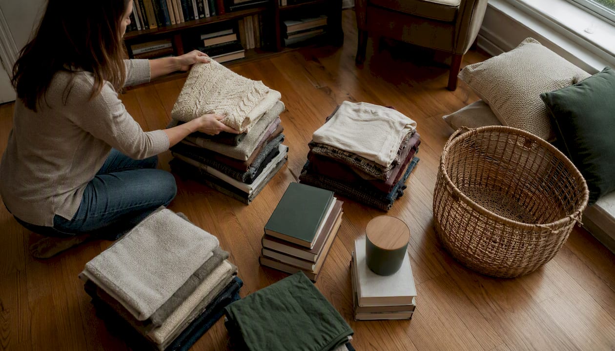 Hands sorting category piles of clothes and books