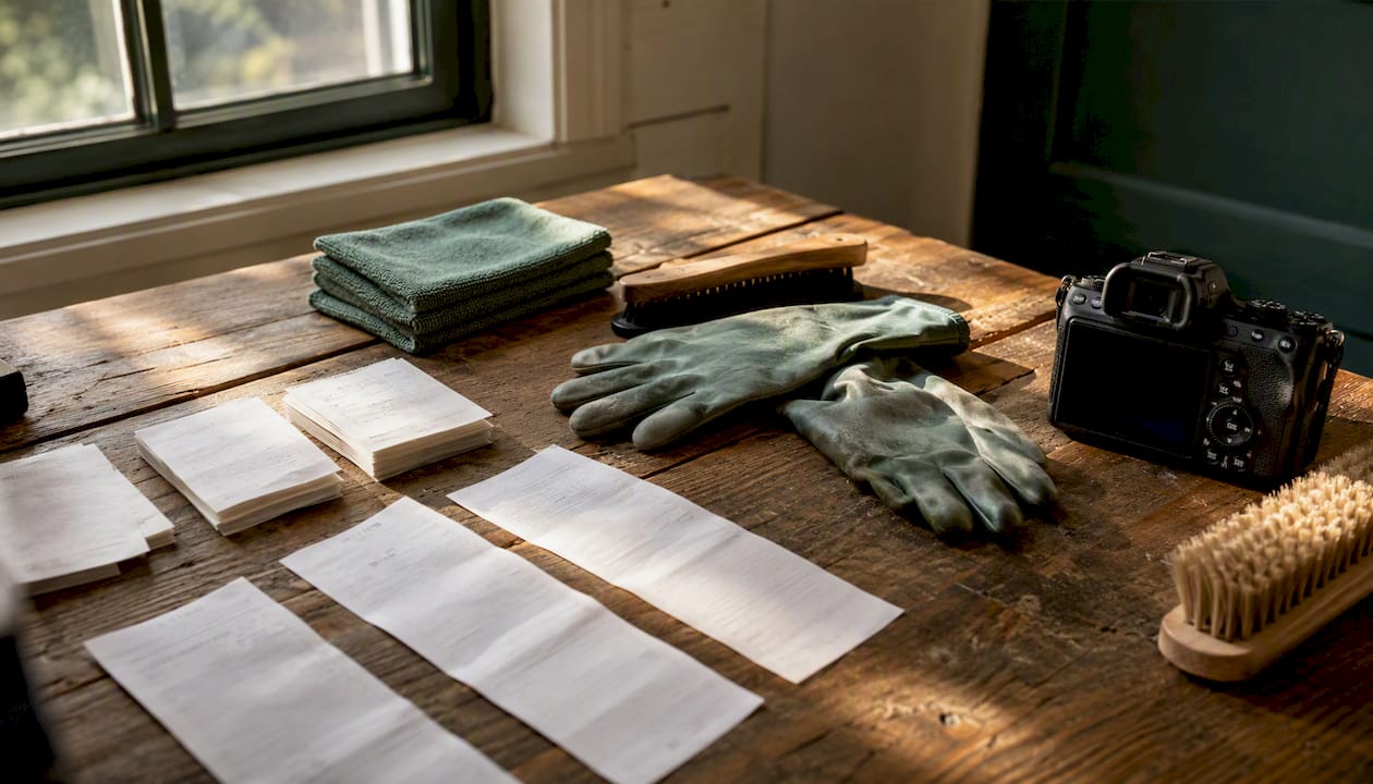 Receipts and cleaning tools on table
