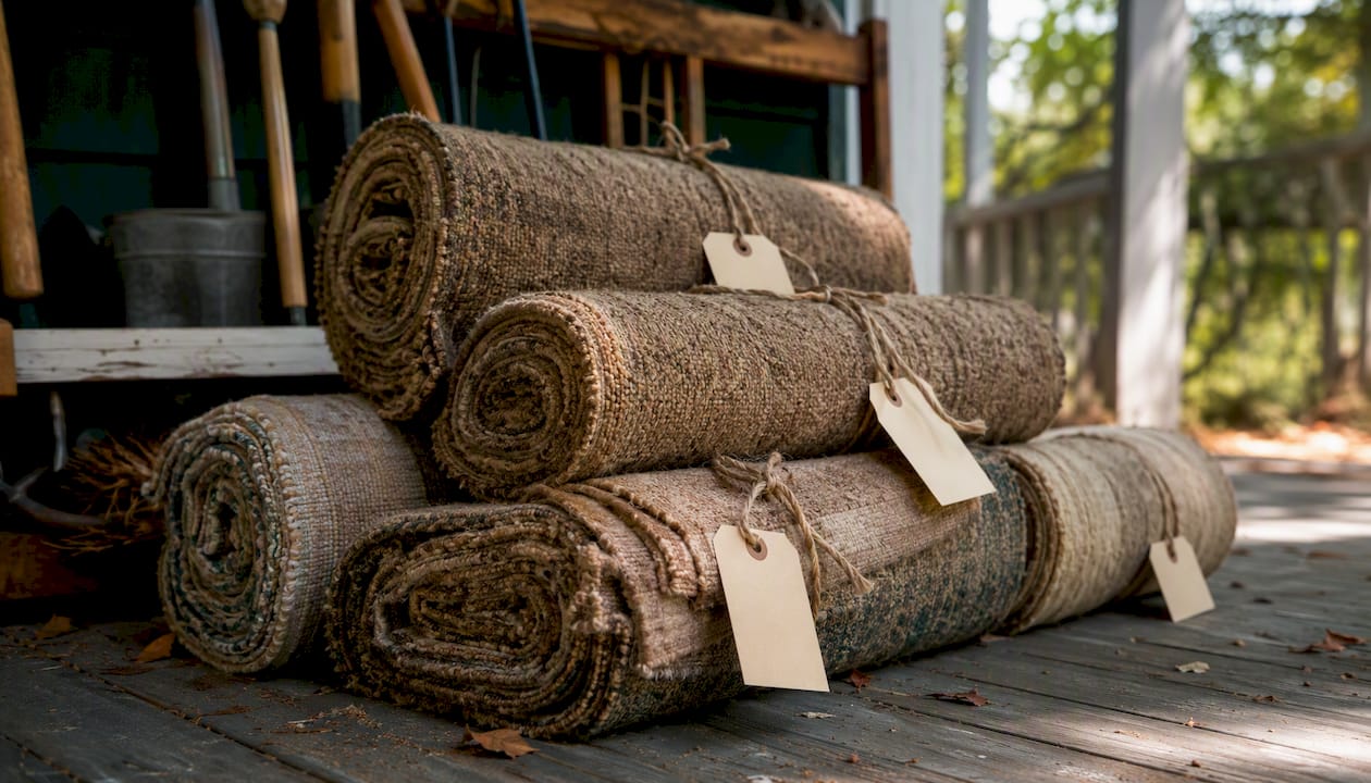 Rolled carpet bundles ready for donation