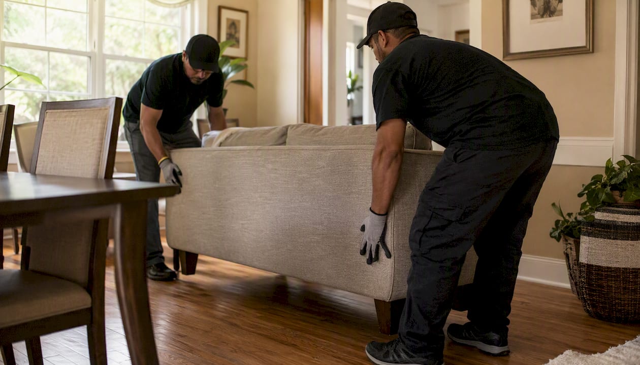 Crew moving sofa during house cleanout