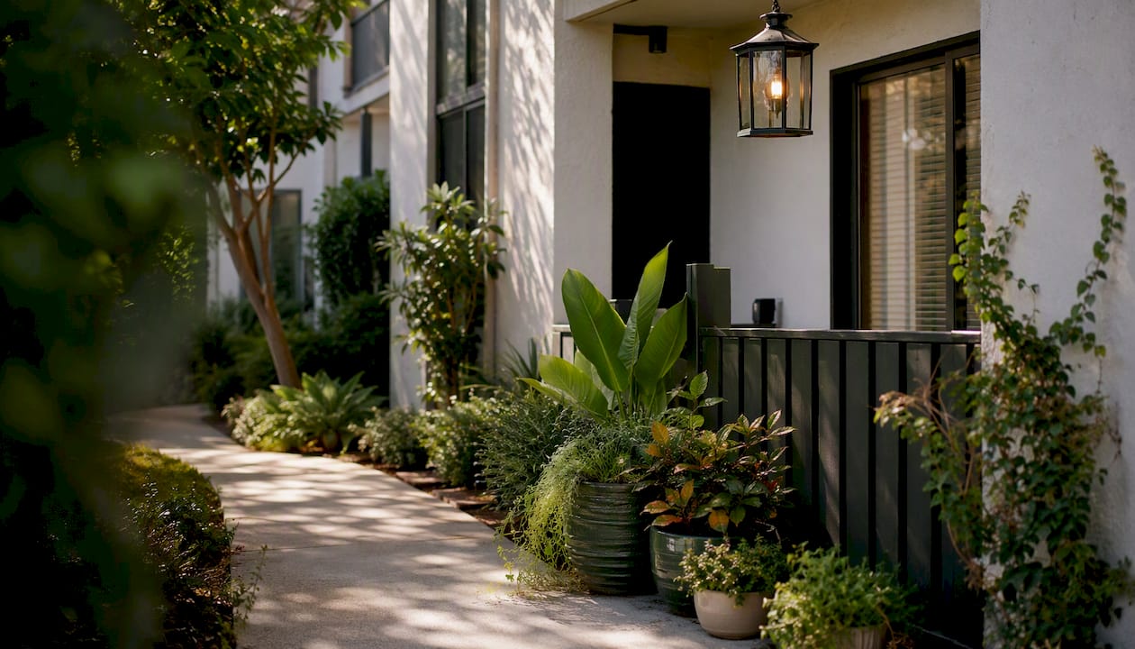 Low maintenance condo exterior with small patio
