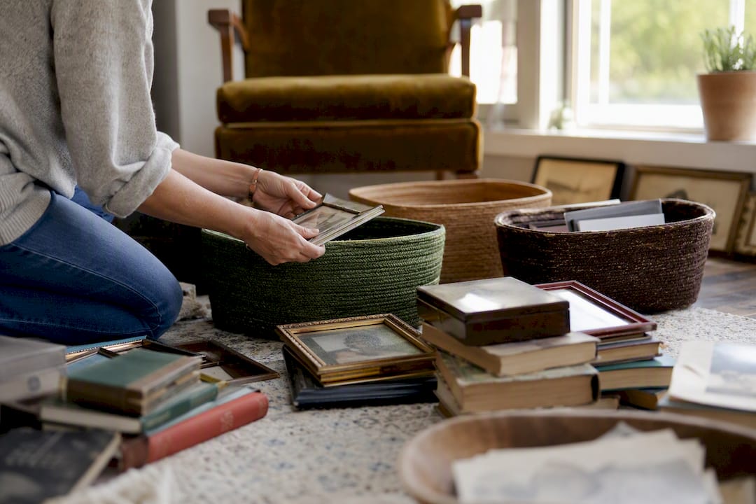 Hands sorting items during estate cleanout