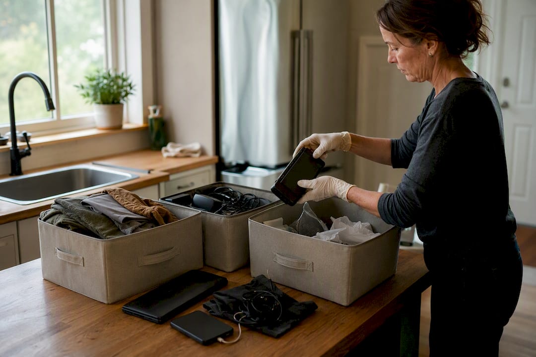 Hands sorting donations and e-waste bins