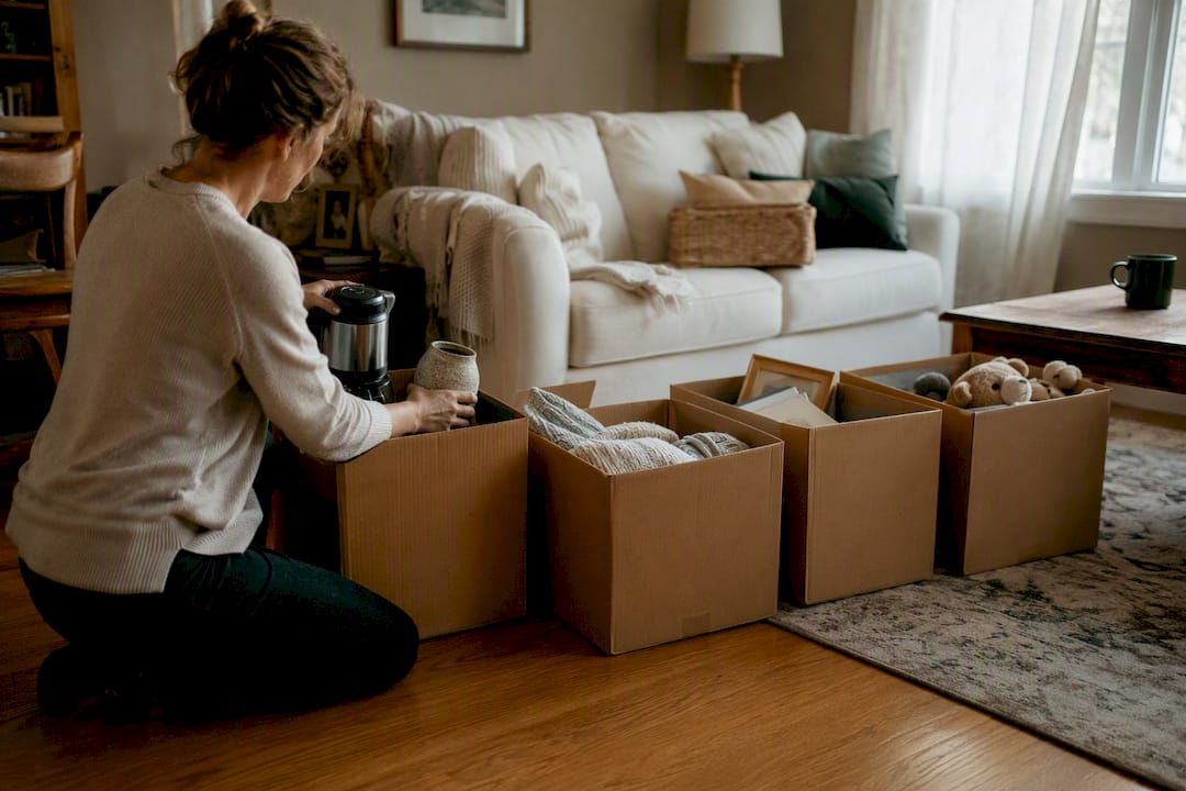 Four cardboard boxes labeled for decluttering
