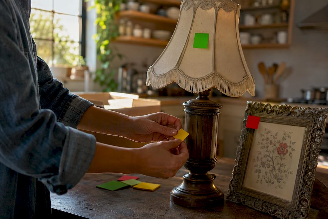 Hands applying color-coded tags on household items