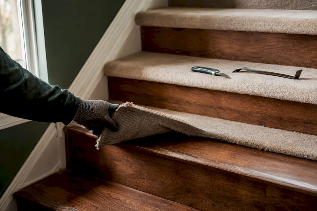 Carpet being removed from individual stair step