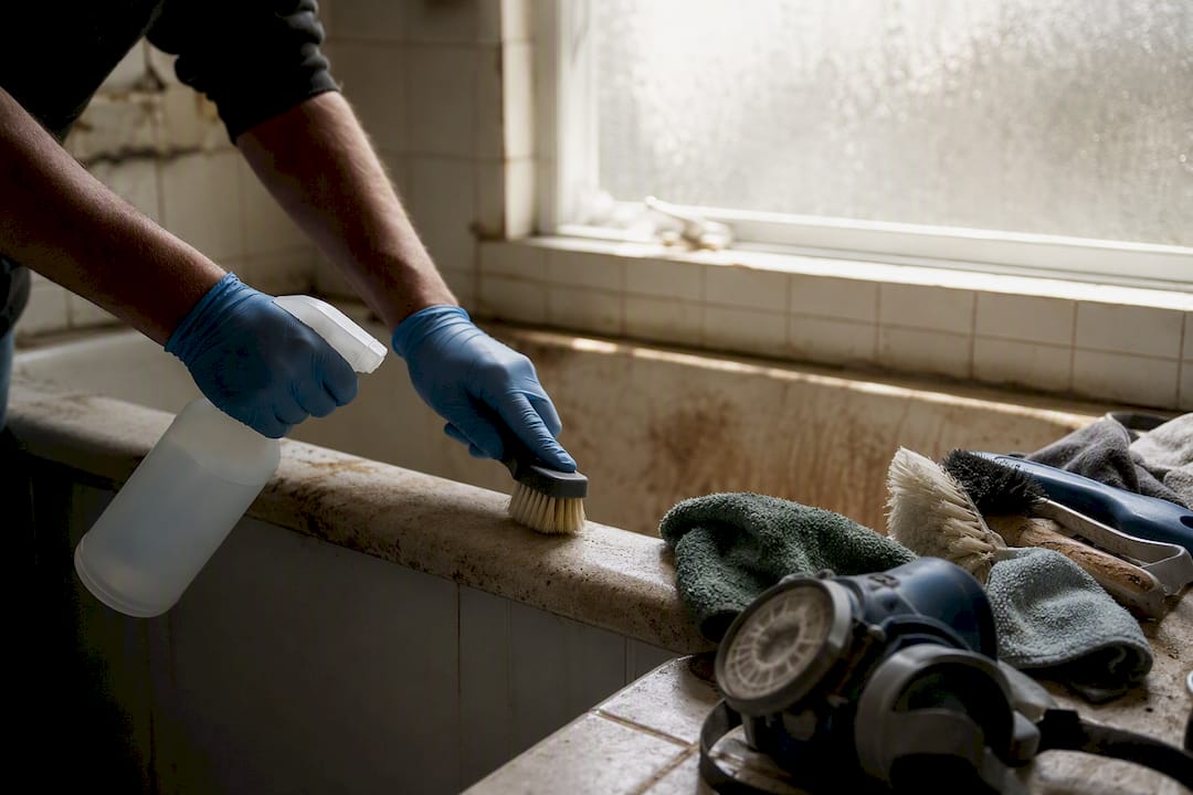 Hands sanitizing hoarder house kitchen surface