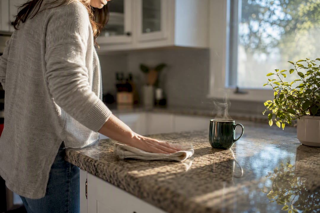 Hands wiping tabletop as daily home maintenance