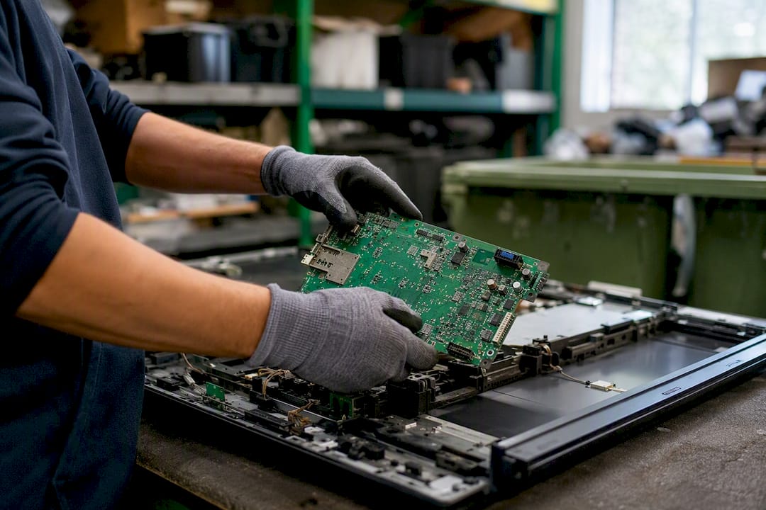Technician removing hazardous parts from electronics
