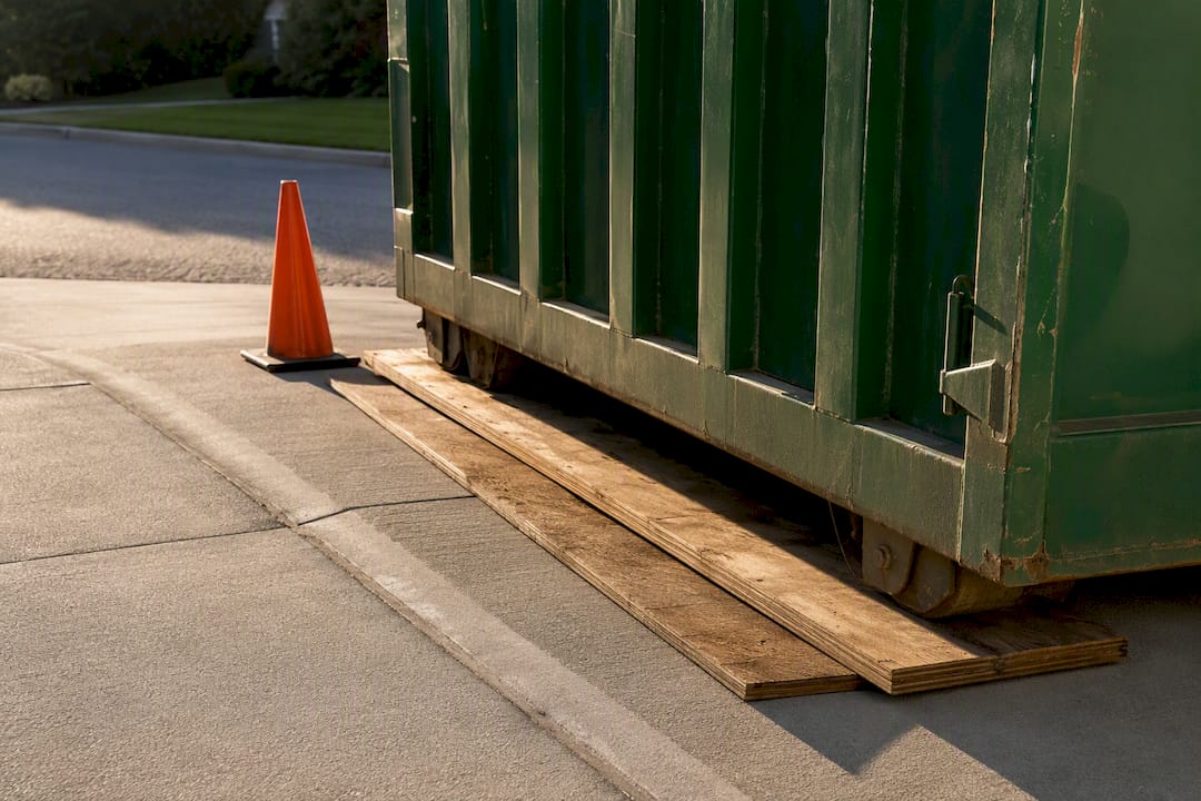 Protection boards beneath a rental dumpster