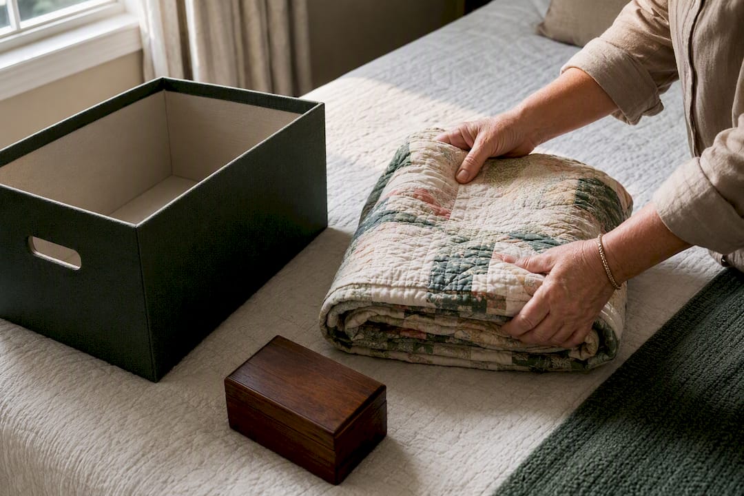 Hands folding a sentimental quilt for storage