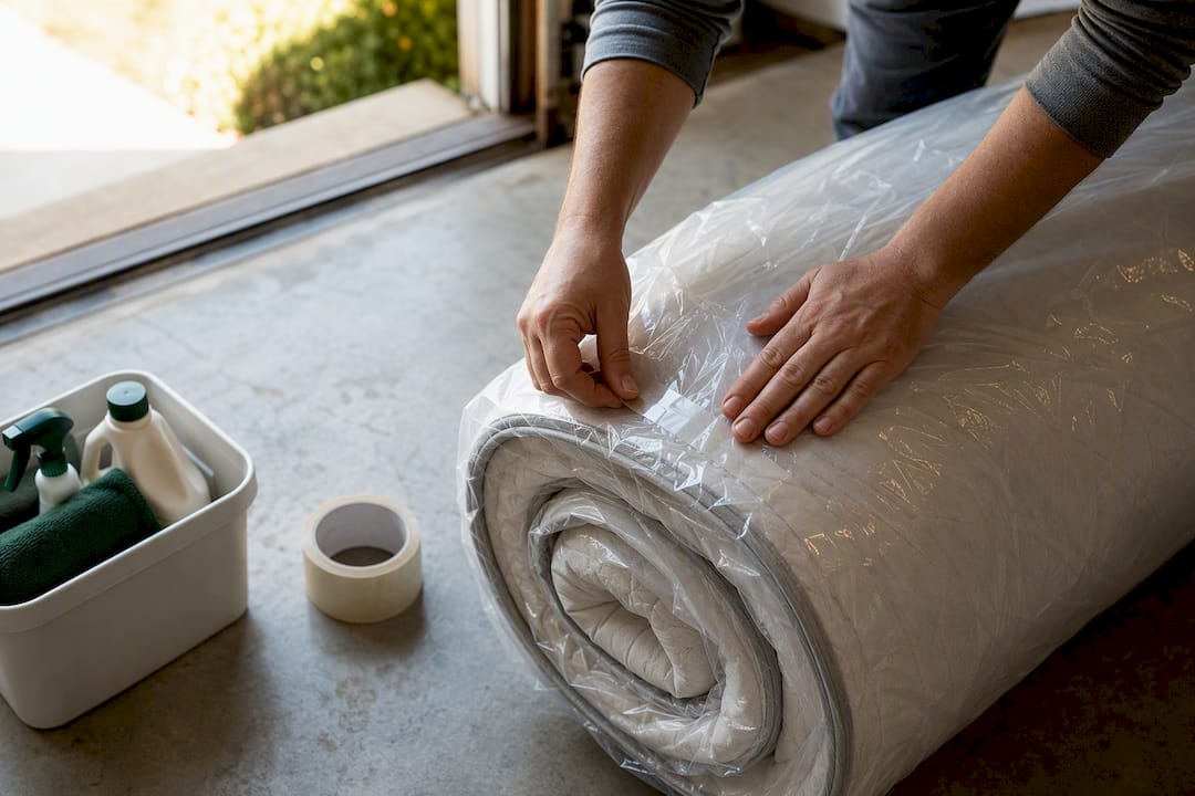 Hands sealing mattress disposal bag with tape