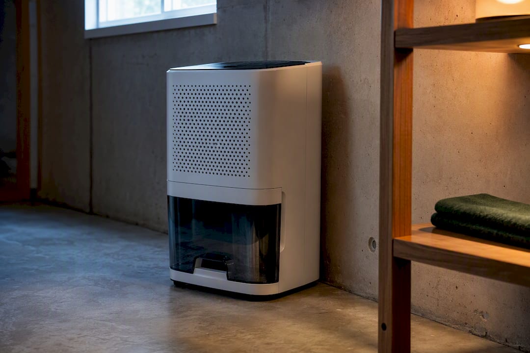 Dehumidifier running in cleaned basement