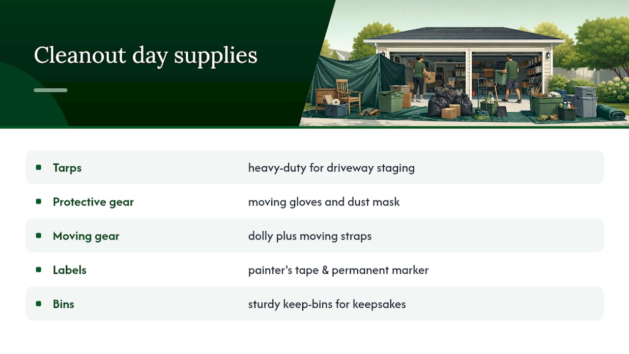 Garage cleanout supplies shown as icons