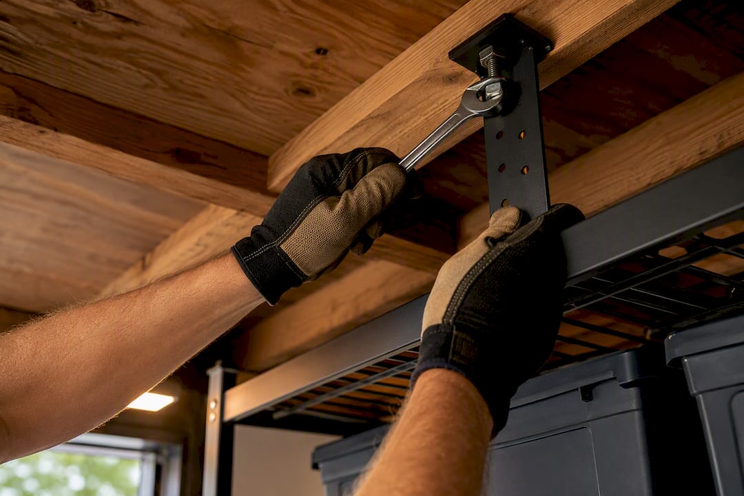 Overhead rack anchored into garage ceiling joist