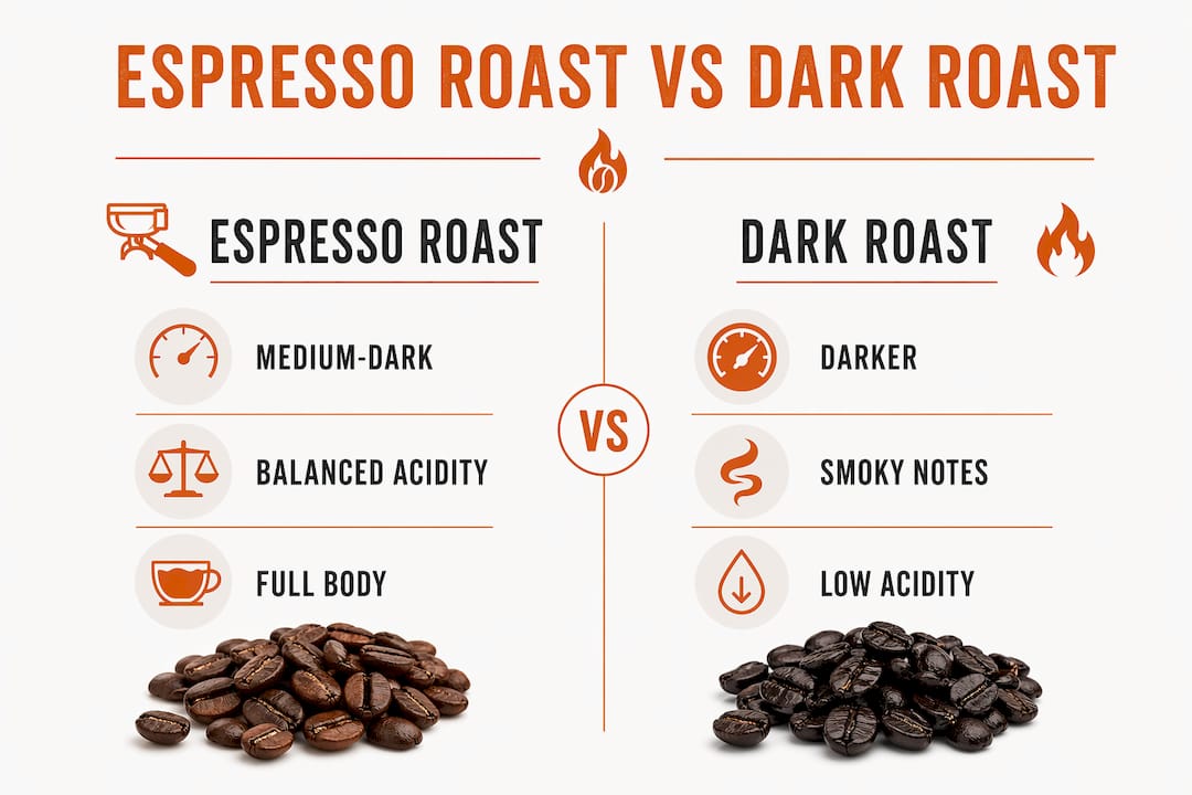Comparison infographic of espresso roast and dark roast coffee
