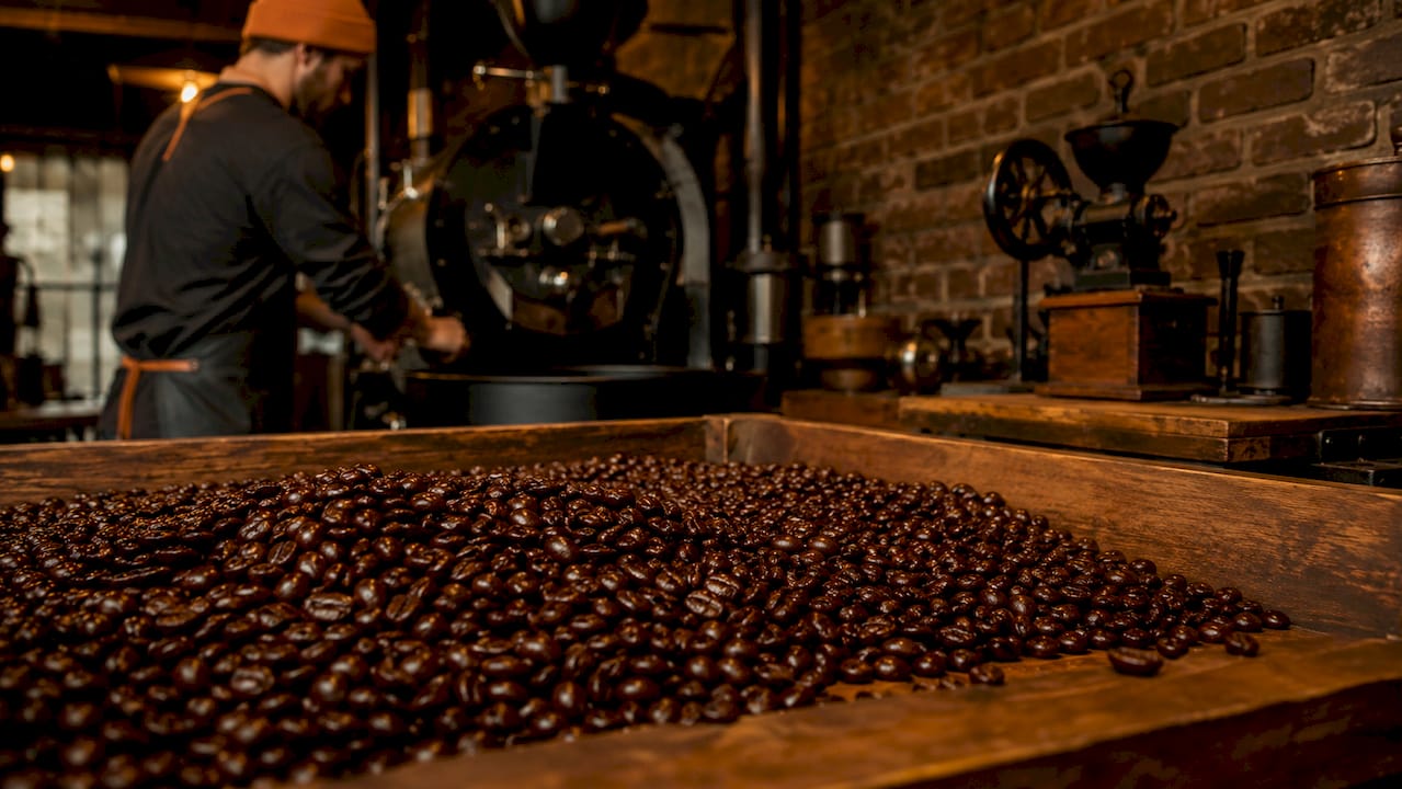 Close-up of roasted espresso coffee beans cooling
