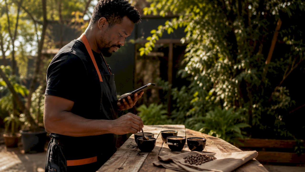 Hands performing digital coffee cupping evaluation outdoors