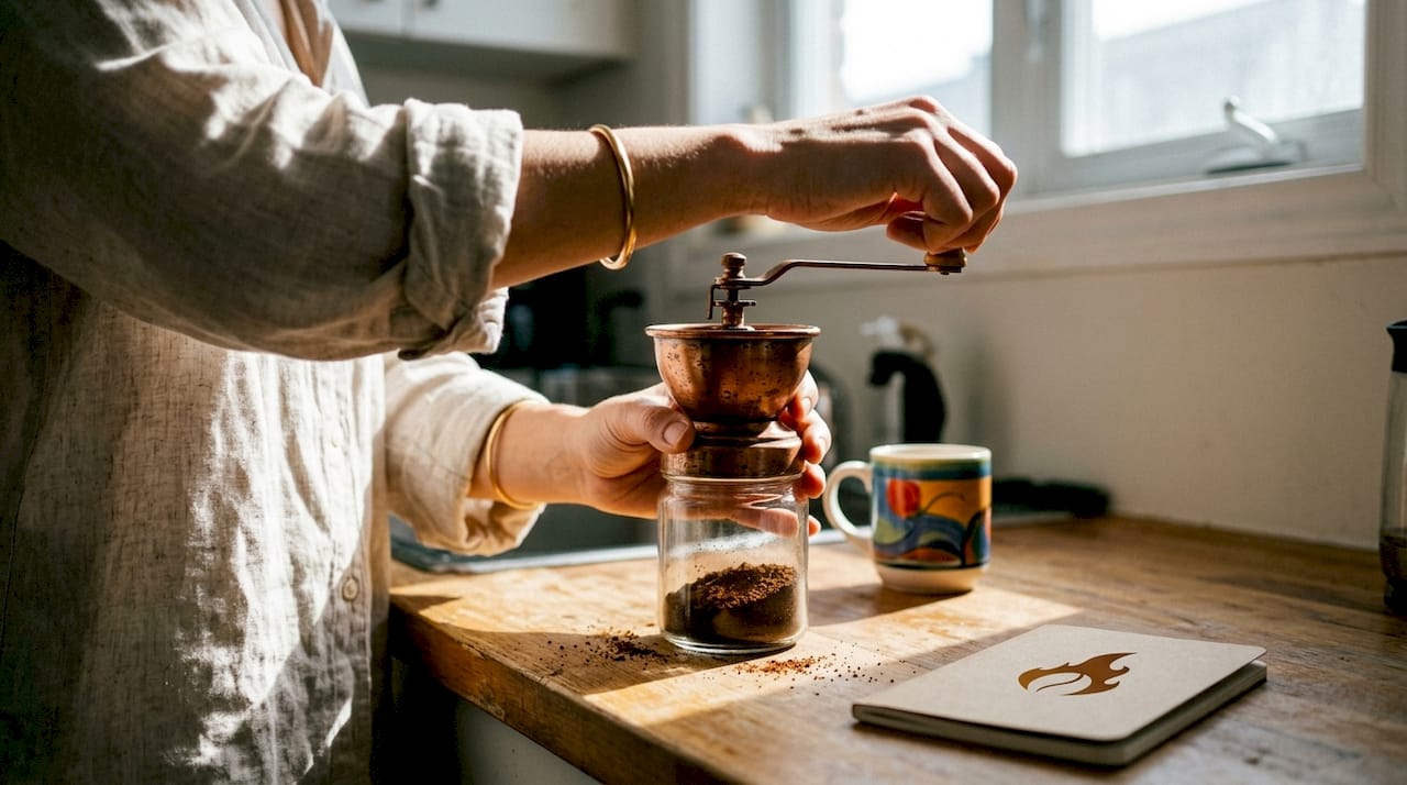 Hands grinding whole bean coffee at home