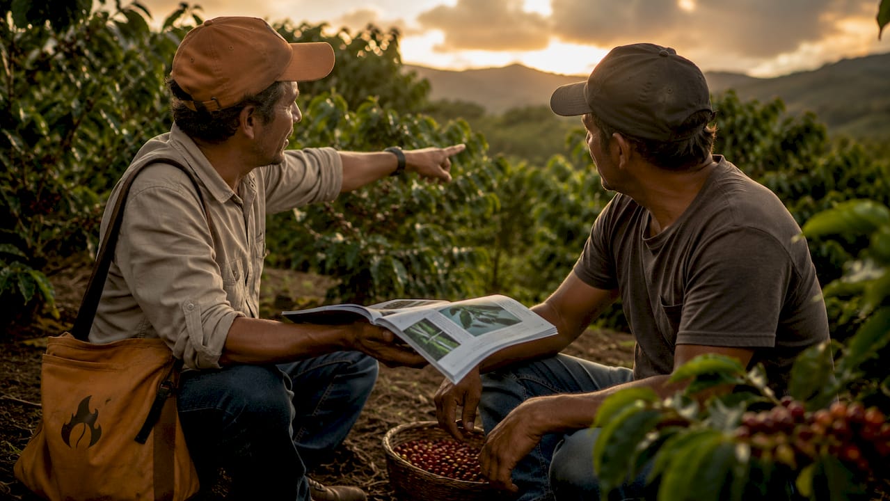 Two coffee farmers discussing certification in plantation