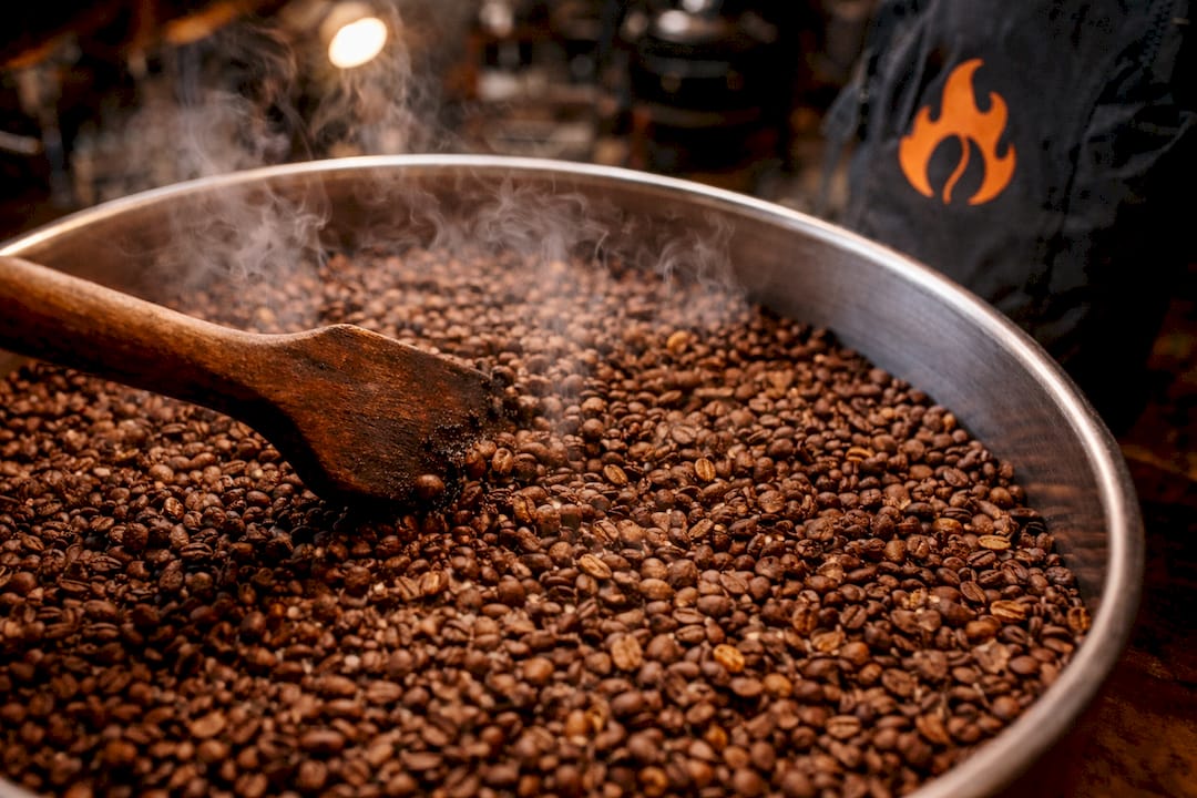 Close-up coffee beans cracking during roasting