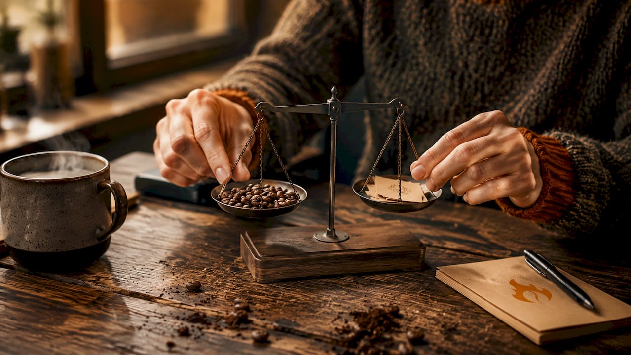 Hands holding balanced scale with coffee beans and notes