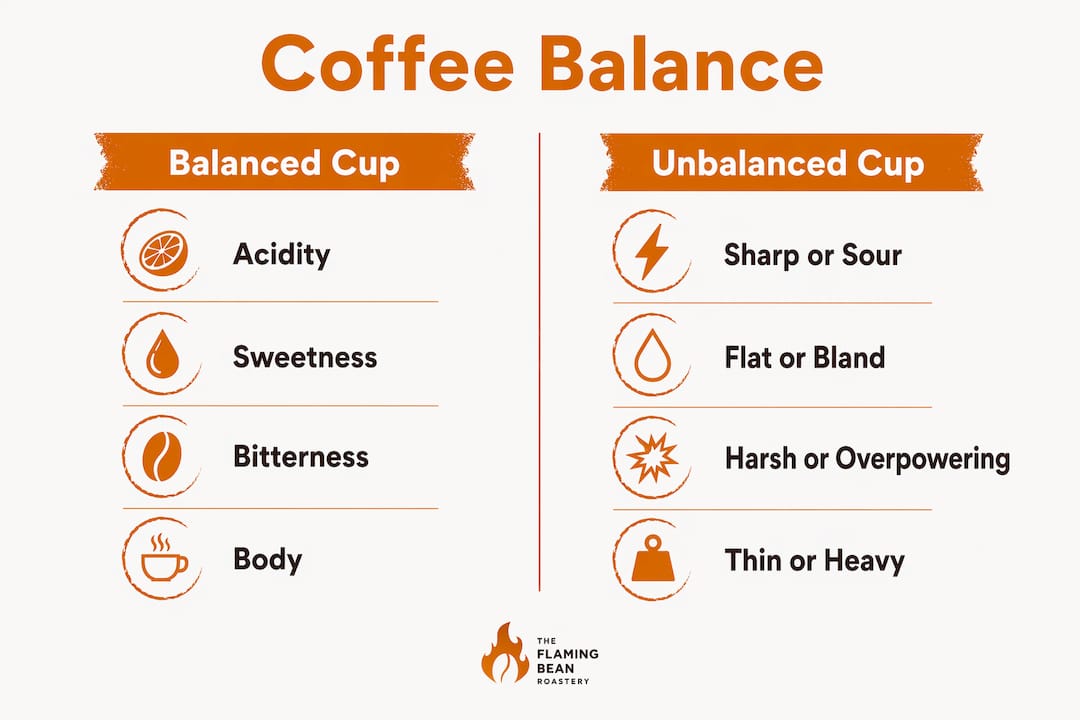 Infographic comparing balanced and unbalanced coffee flavor attributes