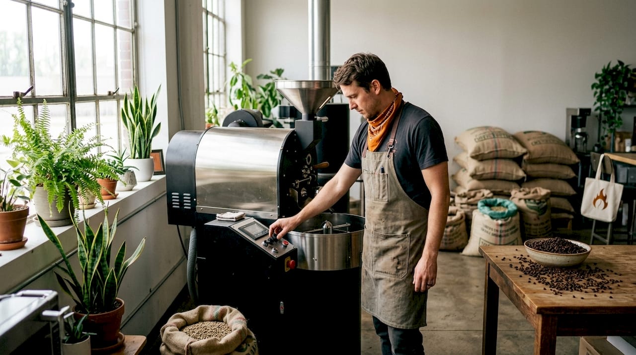 Hands adjusting coffee roasting machine