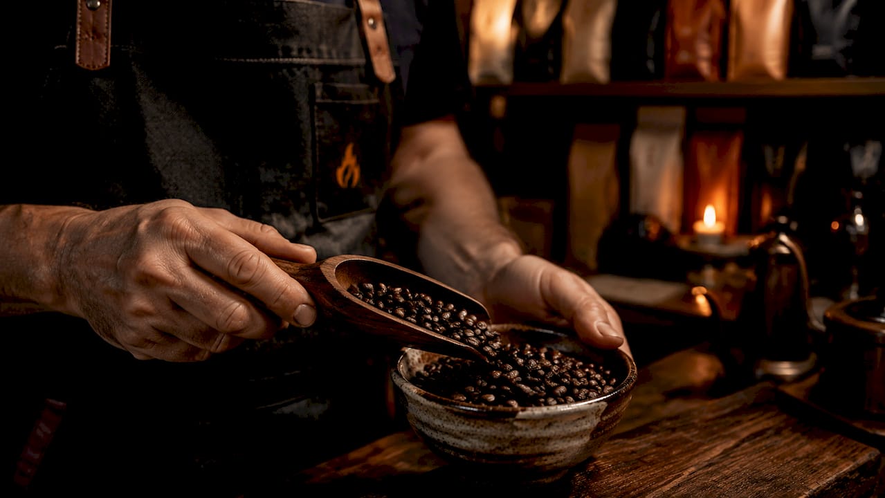 Close-up of roaster's hands with freshly roasted coffee beans