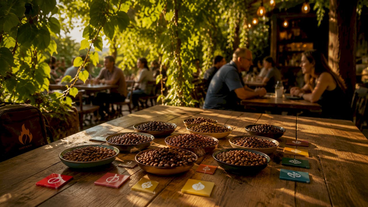Nine coffee flavor profile samples on table