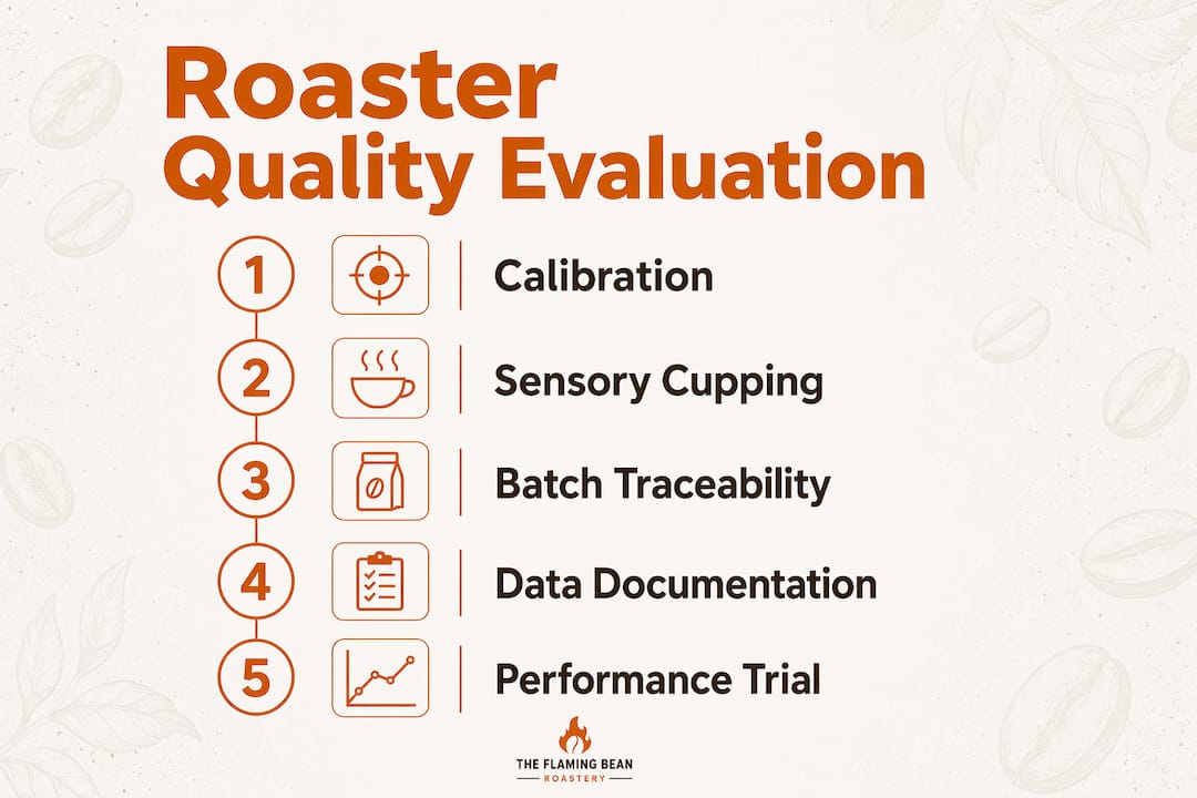 Infographic of sequential steps to evaluate coffee roaster quality