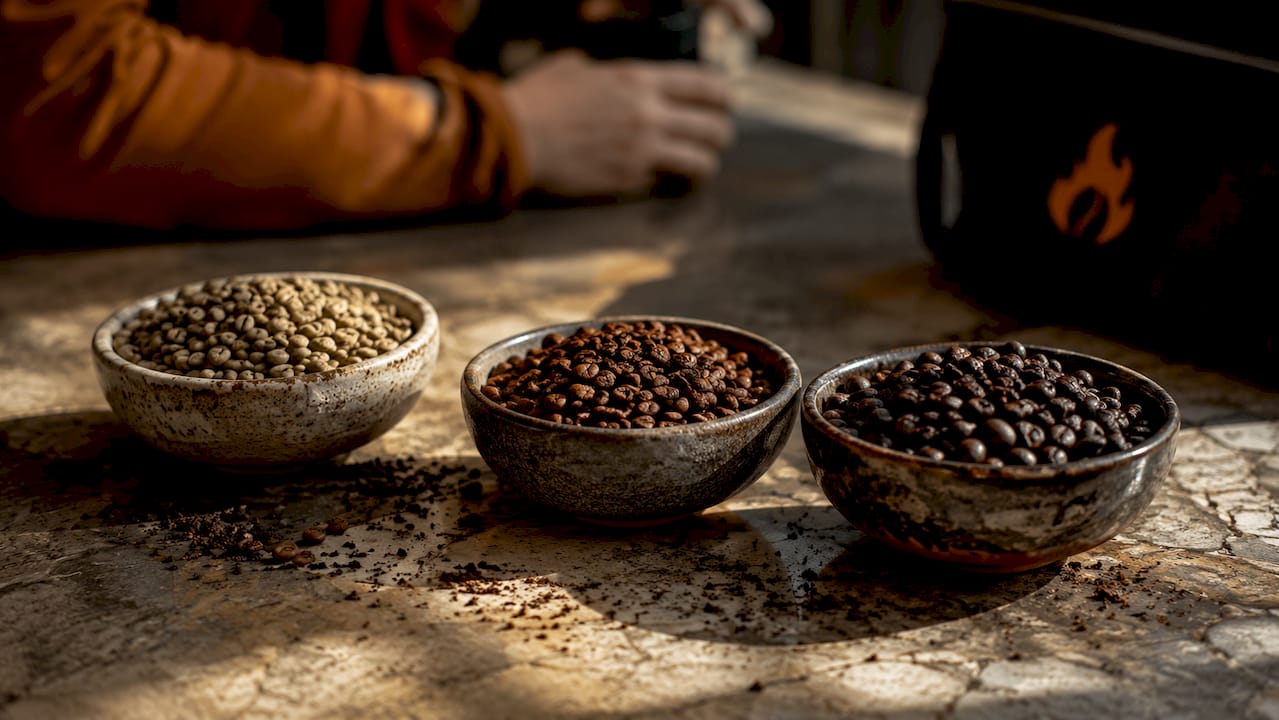 Close-up bowls of coffee beans three roast levels