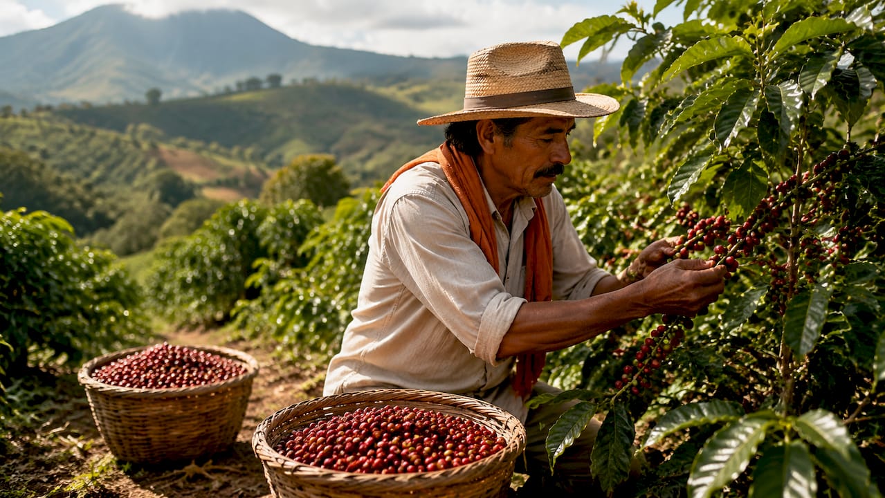 Coffee farmer inspecting ripe cherries on plantation