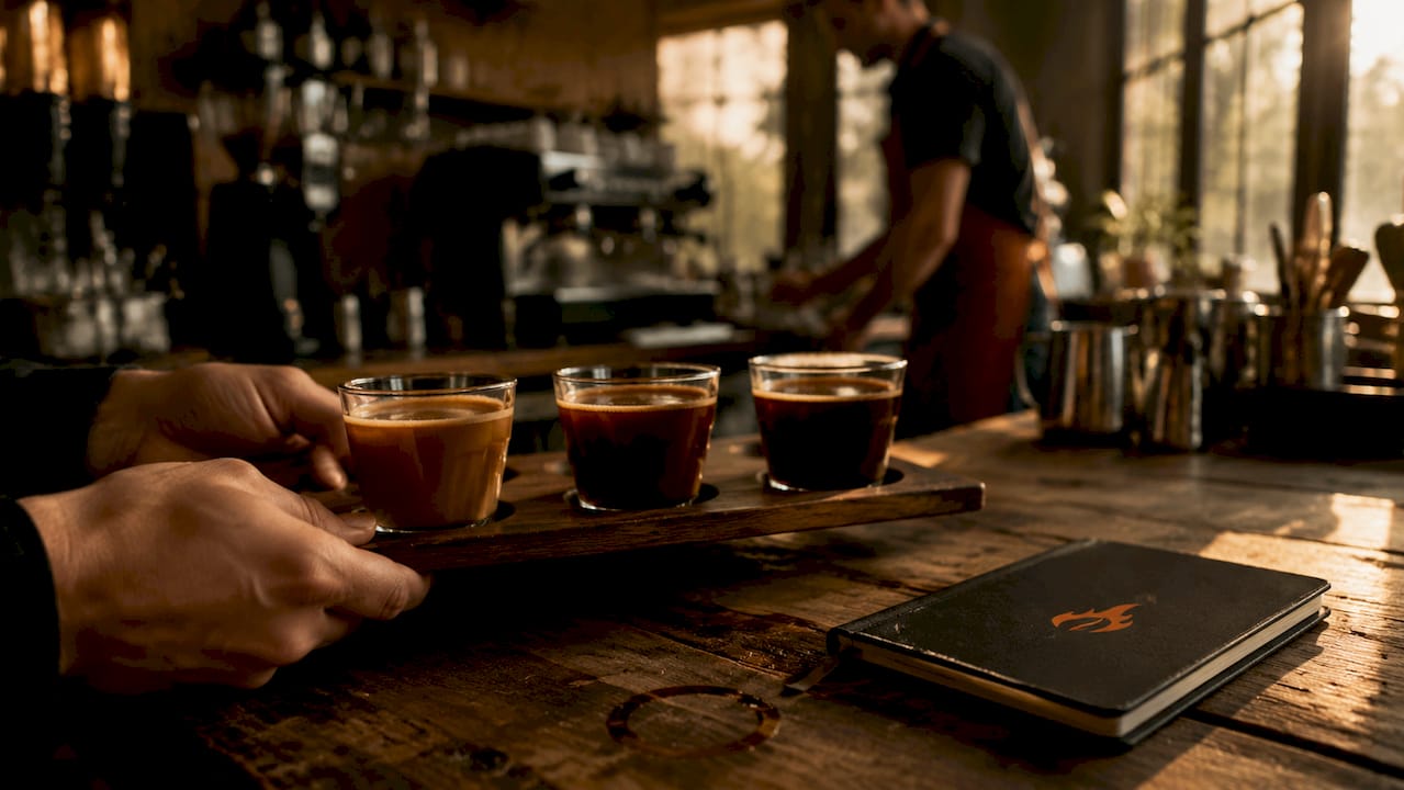 Hands holding coffee cup samples showing different roast levels