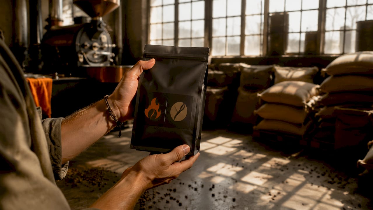 Hands holding co-branded coffee packaging close-up