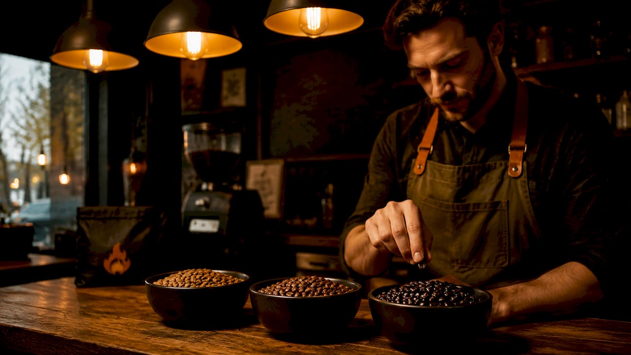 Three bowls with different coffee roast levels beans