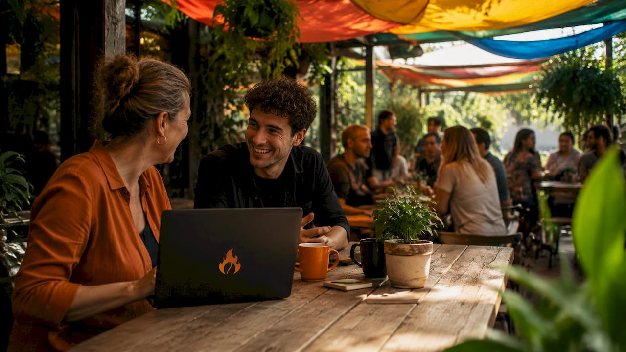 People conversing at communal table in café